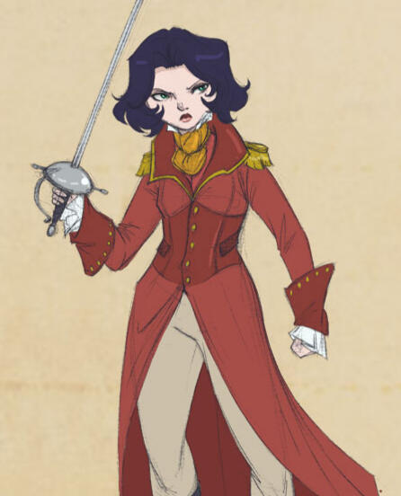 Captain Drake A lady pirate holding a sword, wearing a red jacket